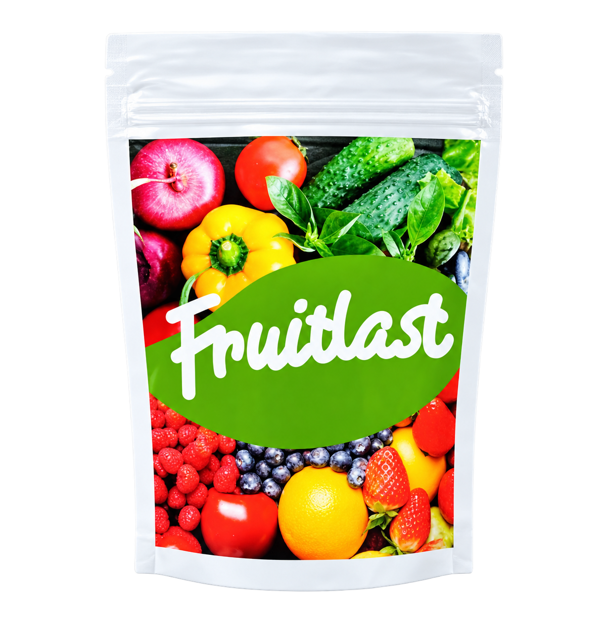 Fruitlast white resealable pouch with its original green logo and fruit and vegetable packaging artwork